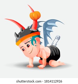 A demonic baby in a hat with horns and a black diaper is crawling on the floor. Little boy dressed for halloween party. Cartoon vector character on white background. Isolated