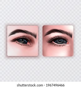 Demonic black eyes without a pupil. Realistic art of scary female eyes on a white background