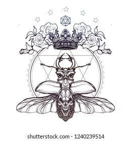 Demonic bug.Coat of arms with skull and Insect beetle .Vector illustration isolated graphic style Sketch for tattoo, hipster t-shirt design, vintage style posters.Decorative element grunge vintage.