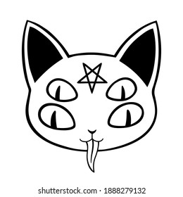demonic cat with multiple eyes and a pentagram on its head