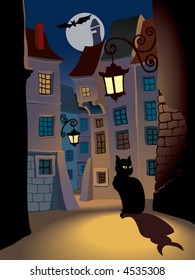 Demonic cat on a street, perfect illustration for Halloween holiday