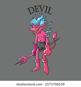 a demonic character who is very cunning and carries a trident and has the word devil on it.