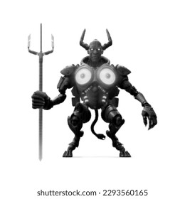 Demonic cyborg with horns holding a trident. Isolated on white background. Vector illustration. Halftone design.