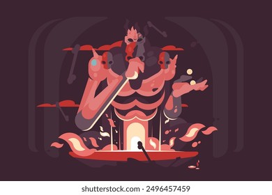 Demonic Entity Ritual. Vector illustration of a dark, multi-armed, demonic figure performing a ritual.