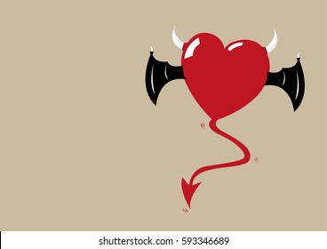 Demonic or Evil heart cartoon flying. Editable Clip Art.