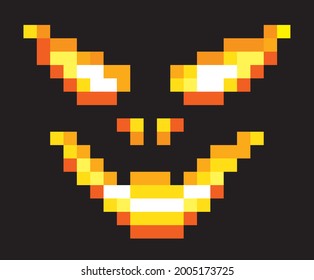 demonic fiery face emotion smiles pixel picture on a black background vector illustration