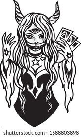 Demonic girl tree eyes  with dragon horns ,Magician with card in hand