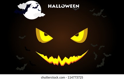 Demonic Halloween pumpkin with glowing eyes on the background of the moon and bats