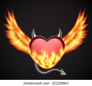 Demonic heart with fire wings, horns and tail. Valentine's background. EPS10 vector