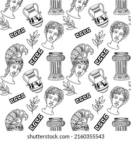 Demonic pattern of the heads of ancient Greek goddesses, drawn in the style of a doodle. Athena. A branch of olive. A jug with a russet. Ancient Greece and Rome, tradition and culture. Linear trend.