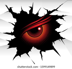 Demonic red eye looks at you from a wall hole. Vector illustration.