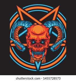 Demonic skull of Demon with neon colour pentagram