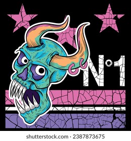 demonic skull with horns in tattoo style neon colors, modern urban texts, stars and cool backgrounds. urban style swag