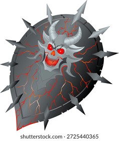 Escudo de cráneo demoníaco con grietas de lava y puntas afiladas. Dark Fantasy RPG Vector Asset