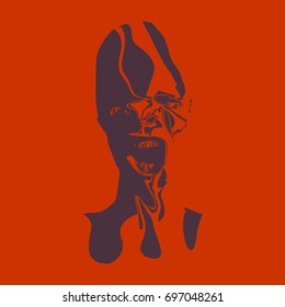 Demonic ugly face. Devil scream character. Demon or monster screaming with in an open mouth as a front view horror face. . Head textured by curved stripes