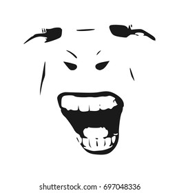 Demonic ugly face. Devil scream character. Demon or monster screaming with in an open mouth as a front view horror face.