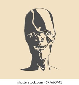Demonic ugly face. Devil scream character. Demon or monster screaming with in an open mouth as a front view horror face. . Head textured by curved stripes