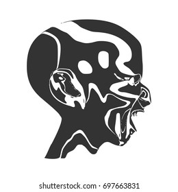 Demonic ugly face. Devil scream character. Demon or monster screaming with in an open mouth as a side view horror face. Head textured by curved stripes