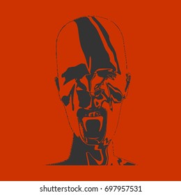 Demonic ugly face. Devil scream character. Demon or monster screaming with in an open mouth as a front view horror face. . Head textured by curved stripes