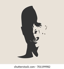 Demonic ugly face. Devil scream character. Demon or monster screaming with in an open mouth as a front view horror face.