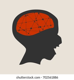 Demonic ugly face. Devil scream character. Demon or monster screaming with in an open mouth as a side view horror face. Simple icons of head and brains