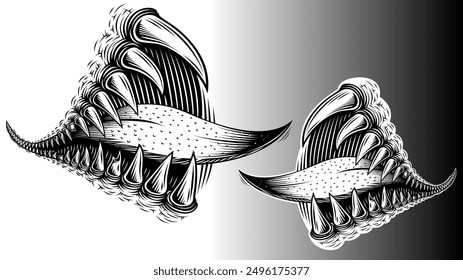 Demonic zipper with sharp teeth, fearsome huge fangs, a protruding tongue out of an jaws. Hand drawn illustration for print, tattoo or t-shirt design in styles of retro vintage engraving, ink, woodcut