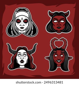 Demonios y divinidad: un cuarteto de escalofriantes figuras femeninas, que combina estética demoníaca y sagrada en una ilustración inquietante perfecta para Halloween o temas ocultos.