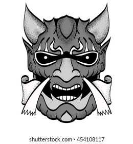 The demon's head. Connected to the Western and Asian style of drawing. You can switch off the dotting. Pointed ears, abstract painted eyes. Black and white. Vector.