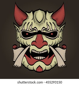 The demon's head. Connected to the Western and Asian style of drawing. You can switch off the dotting. Pointed ears, abstract painted eyes. Color. Vector.