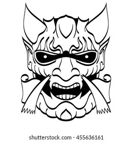 The demon's head. Connected to the Western and Asian style of drawing. Pointed ears, abstract painted eyes. Black and white binary contour. Vector.