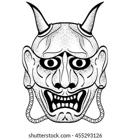 The demon's head. Oni, asian style of drawing. Horns, big ears and eyes. Black and white binary contour. You can switch off the dotting. Vector.