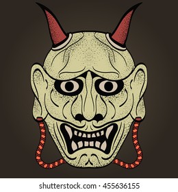 The demon's head. Oni, asian style of drawing. Horns, big ears and eyes. Color image. You can switch off the dotting. Vector.