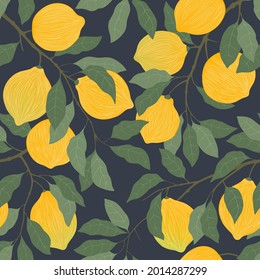 Demons at night. Lemon tree with fruits and leaves in the night twilight. Citrus fruits. Seamless background.