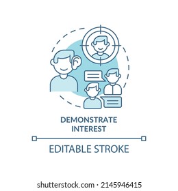 Demonstrate interest turquoise concept icon. Showing engagement. Step to charisma abstract idea thin line illustration. Isolated outline drawing. Editable stroke. Arial, Myriad Pro-Bold fonts used