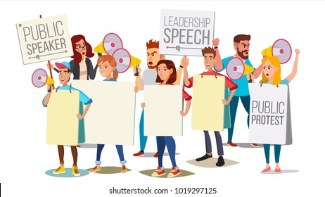 Demonstrate Protest People Shouting Through Megaphone Vector. Public Protest. Social Activist. Loud Announcement. Loud Demonstration, Strike, Speech Concept. Isolated Flat Cartoon Illustration
