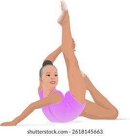 Demonstrating flexibility, the young gymnast performs her routine on the carpet