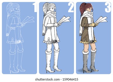 Demonstrating how to draw a girl in steps 