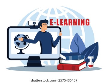 Demonstrating innovative e-learning methods with technology, featuring online lessons, books, and science elements. A student engages in learning through multimedia resources. 
