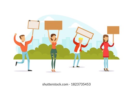 Demonstrating and Protesting People, Men and Women Standing Together and Holding Blank Banners Flat Vector Illustration