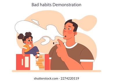 Demonstration of bad habits. Unhealthy lifestyle and passive smoking risk. Parenthood failure. Abusive family and traumatizing childhood experience. Flat vector illustration