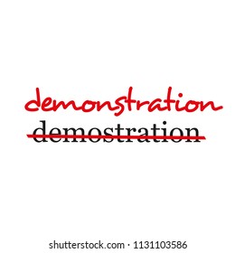 "demonstration" crossed out and corrected text, most common error in English words