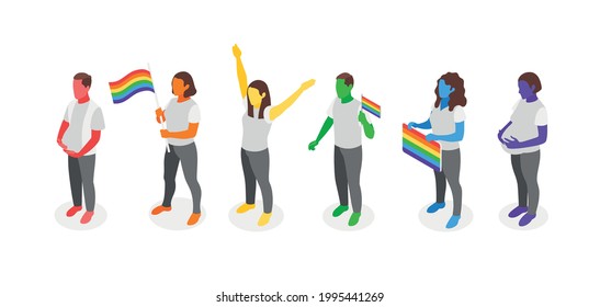Demonstration dedicated to international day against homophobia with adult characters holding flags in colors of rainbow isometric vector illustration