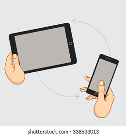 Demonstration display of a mobile devices - desktop, tablet, mobile phone. Internet technologies in the smartphone. Vector flat illustration of cloud service and technology. Mobile in the hands.