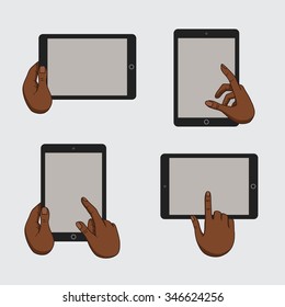 Demonstration display of a mobile devices - tablet. Internet technologies in the tablet. Vector flat illustration of cloud service and technology. Mobile tablet in the hands.Presentation screen of app