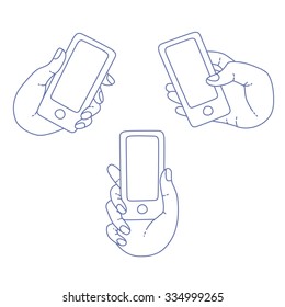 Demonstration display of a mobile phone. A set of line icons of hand with smartphones. Internet technologies in the smartphone. Vector flat illustration of cloud service and technology. 
