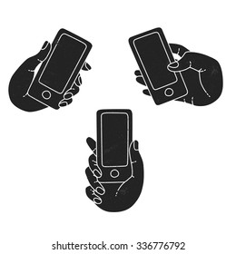 Demonstration display of a mobile phone. A set of line icons of hand with smartphones. Internet technologies in smartphone. Vector flat illustration of cloud service and technology. Mobile in hands 