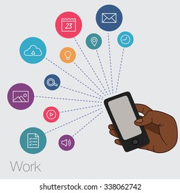 Demonstration display of a mobile phone. A set of line icons of hand with smartphones. Internet technologies in the smartphone. Vector flat illustration of cloud service and technology. 