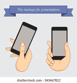 Demonstration display of a mobile phone. A set of line icons of hand with smartphones. Internet technologies in the smartphone. Vector flat illustration of cloud service and technology. 
