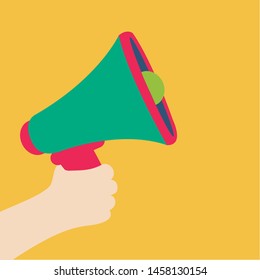 demonstration flat design concept & megaphone or loudspeaker cartoon. bullhorn isolated. attention for offer marketing or sale clean simple. news on live vector. broadcast creative & announce 