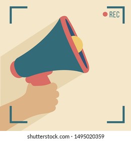 demonstration flat design concept & megaphone or loudspeaker cartoon. bullhorn isolated. attention for offer marketing on video interview news on live TV & camera. broadcast creative & announce vector